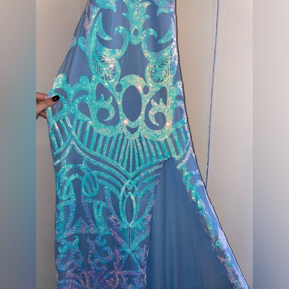 WORN ONCE Blue iridescent sequin open back dress. - Picture 6 of 7